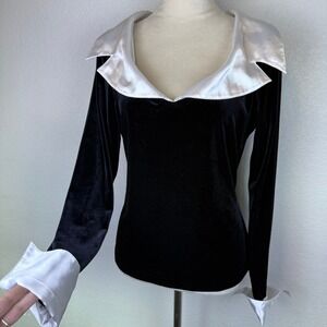 Vintage Ronni Nicole Black Velvet Long Sleeve Top White Satin Collar Cuffs Sz LG